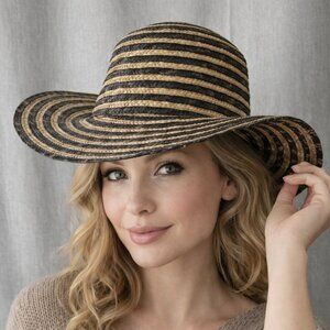 Filippo Catarzi Italy Wide Brim Straw Hat Black Tan Stripe Straw Boho Chic Vtg